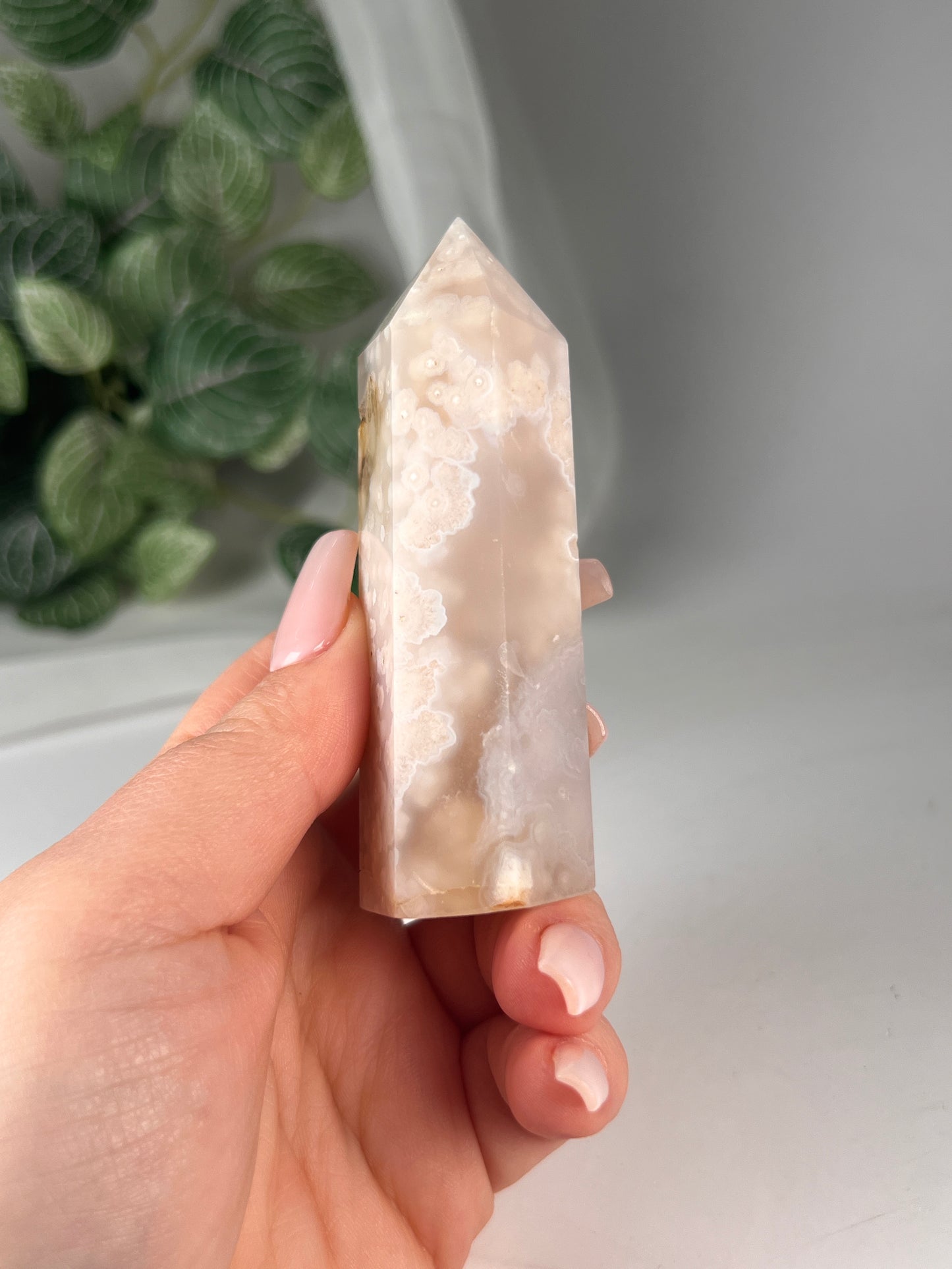 Flower agate obelisk 4"