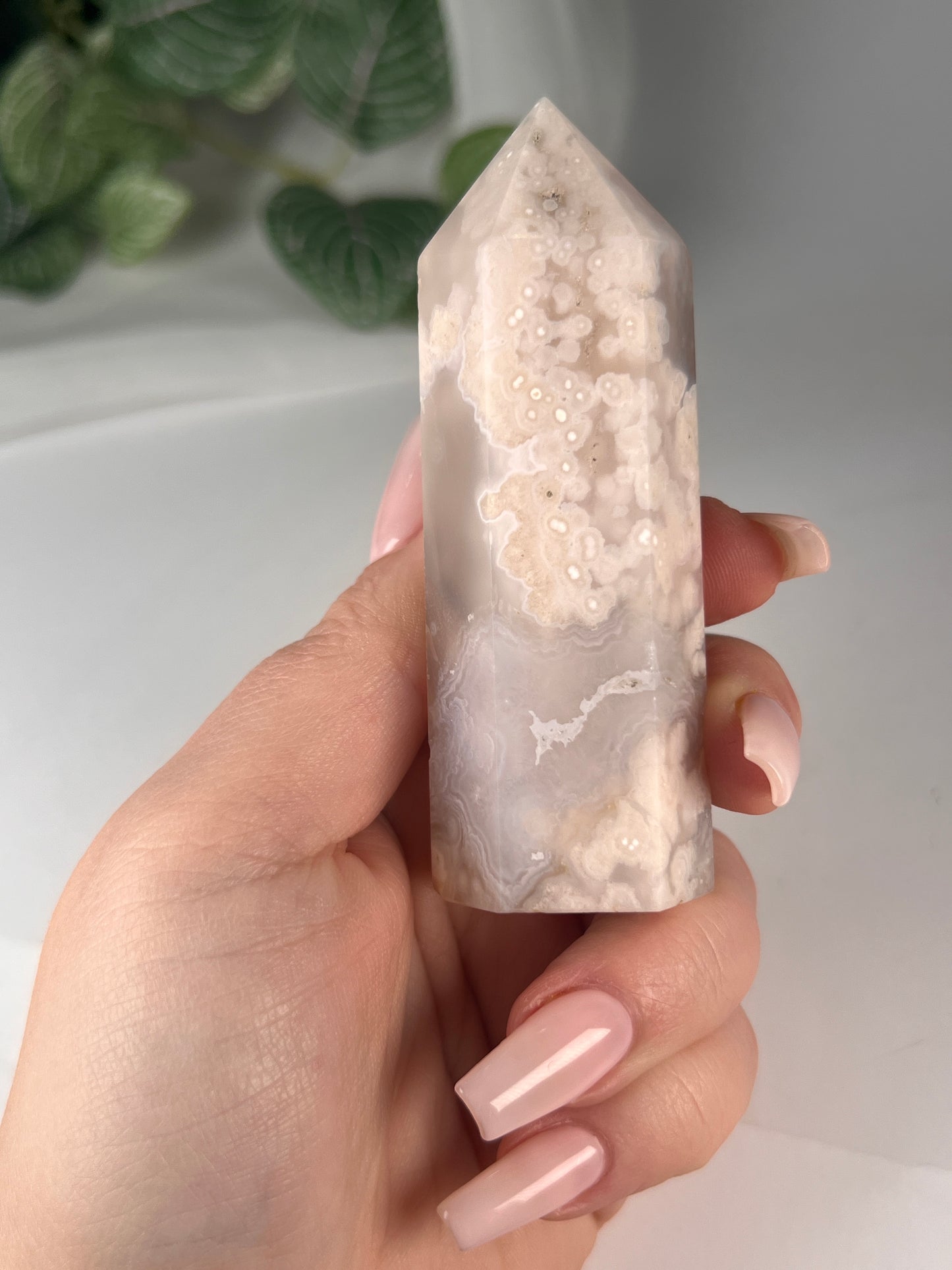 Flower agate obelisk 4"