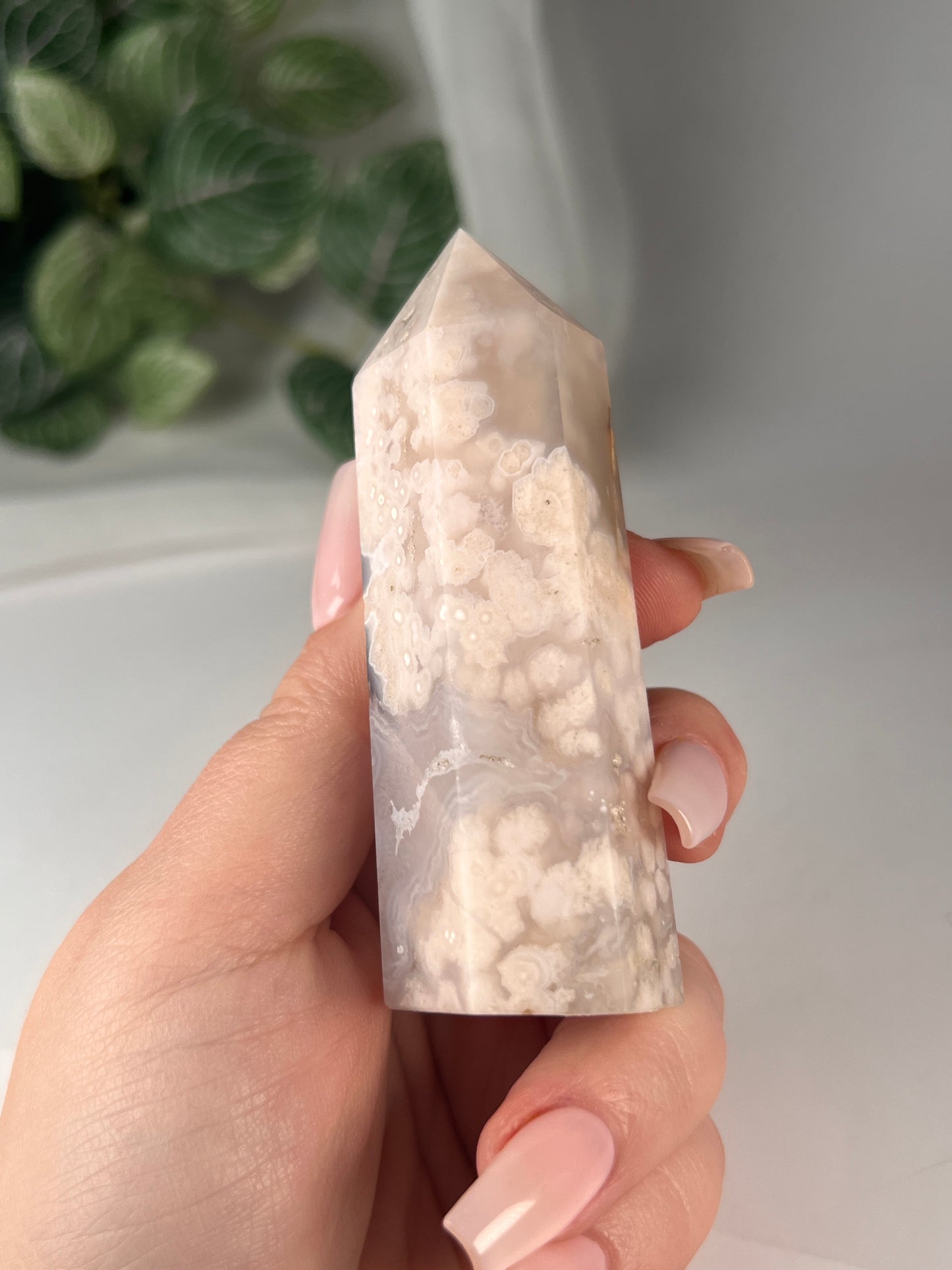 Flower agate obelisk 4"